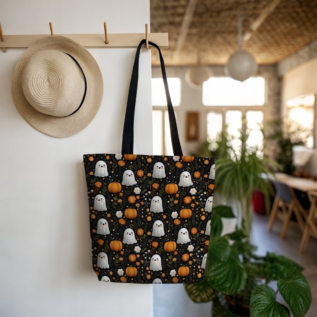 Spooky Cute Ghost & Pumpkin Pattern Halloween Tote Bag (Creator Uploaded)