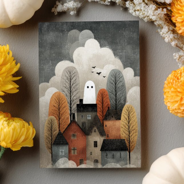 Spooky Cute Ghost Town Watercolor Halloween Postcard (Creator Uploaded)