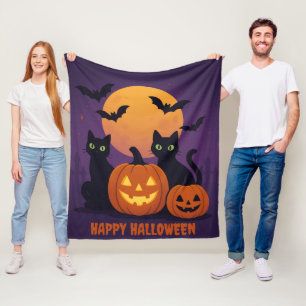 Spooky Cute Halloween Black Cats and Pumpkins Cosy Fleece Blanket