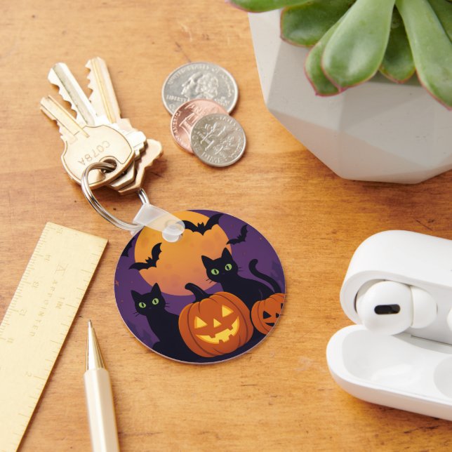 Spooky Cute Halloween Black Cats & Pumpkins  Key Ring (Desk)