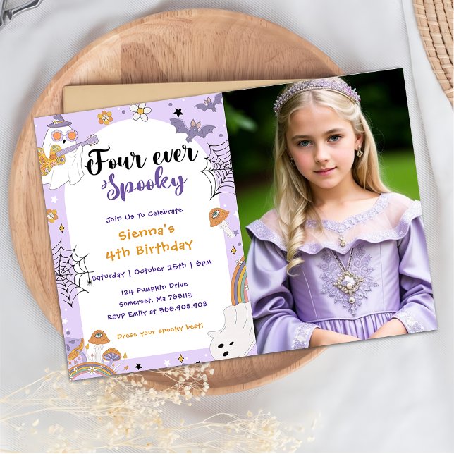 Spooky Cute Halloween Ghost 4th Birthday Photo Invitation (Creator Uploaded)