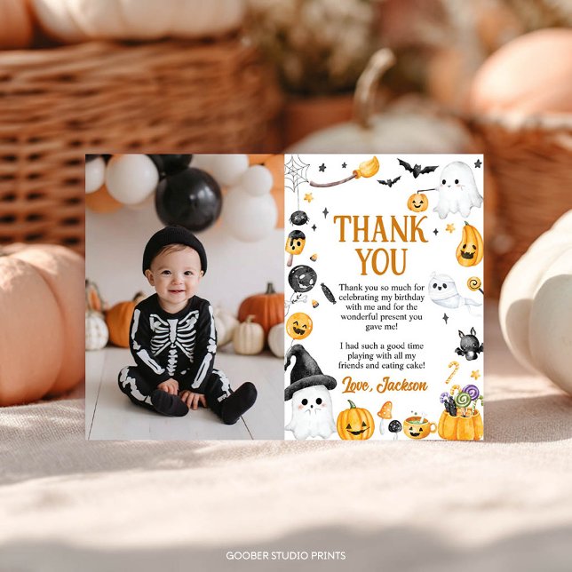 Spooky Cute Halloween Ghost Birthday Party Photo Thank You Card (Creator Uploaded)