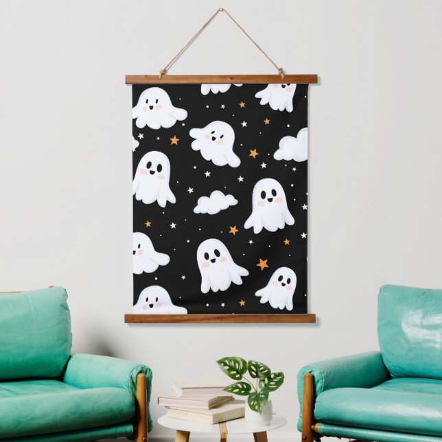 Spooky Cute Halloween Ghost Cloudy Star Sky Hanging Tapestry (Living Room)