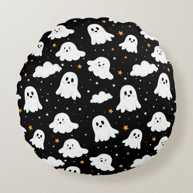 Spooky Cute Halloween Ghost Cloudy Star Sky Round Cushion (Front)