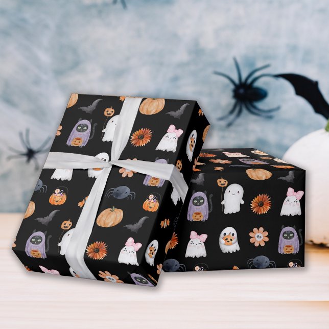 Spooky cute halloween ghost watercolor style black wrapping paper (Creator Uploaded)