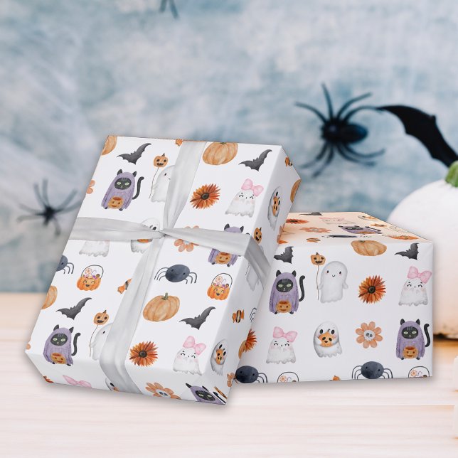 Spooky cute halloween ghost watercolor style white wrapping paper (Creator Uploaded)