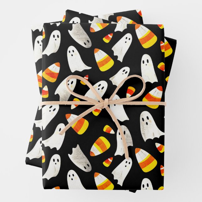 Spooky cute Halloween Ghosts and candy corn Wrapping Paper Sheet (In situ)
