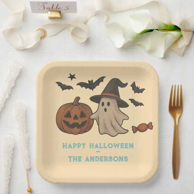 Spooky Cute Halloween – Ghosts, Bats & Candy Paper Plate (Wedding)