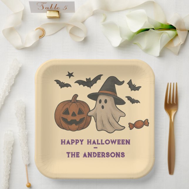 Spooky Cute Halloween – Ghosts, Bats & Candy Paper Plate (Wedding)