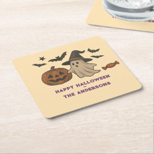 Spooky Cute Halloween – Ghosts, Bats & Candy Square Paper Coaster