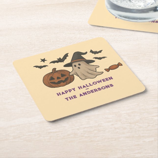 Spooky Cute Halloween – Ghosts, Bats & Candy Square Paper Coaster (Angled)