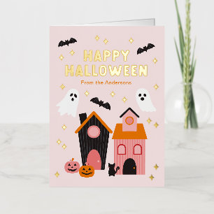 Spooky Cute Halloween Haunted Houses Foil Greeting Card