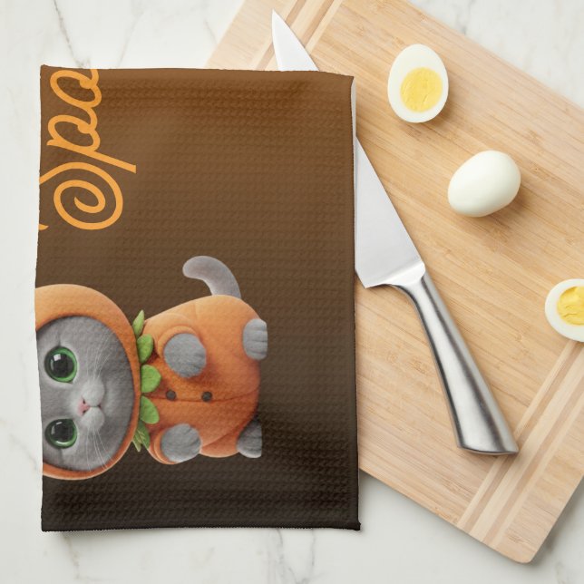 Spooky Cute Halloween Kitten Pumpkin Kitchen Towel (Quarter Fold)