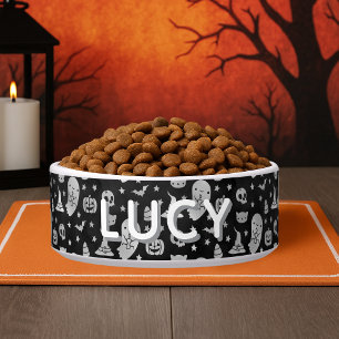 Spooky Cute Halloween Pattern Custom Name Cat Bowl