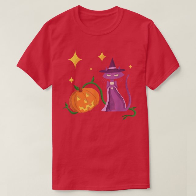 Spooky Cute Halloween Witch Cat and Pumpkin in Mid T-Shirt (Design Front)