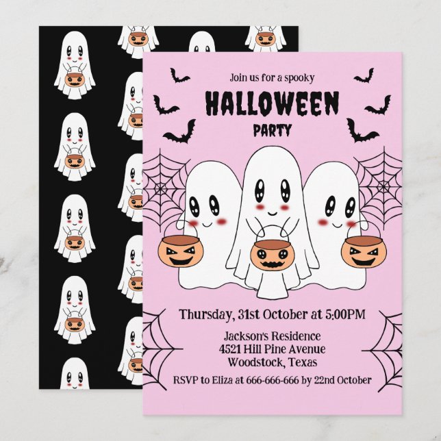 Spooky Cute Kawaii Cartoon Ghost Halloween Party Invitation (Front/Back)