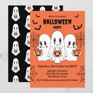 Spooky Cute Kawaii Cartoon Ghost Halloween Party Invitation