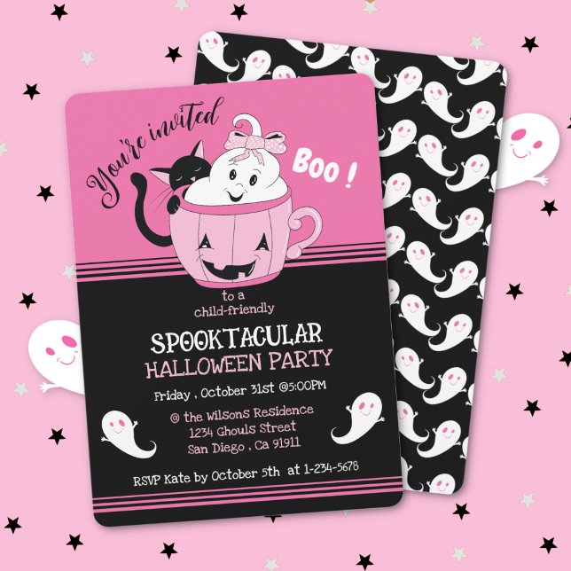 Spooky Cute Kids Pink Black Halloween Invitation (Spooky cute pink and black ghost theme kid-friendly Halloween party invitation .)
