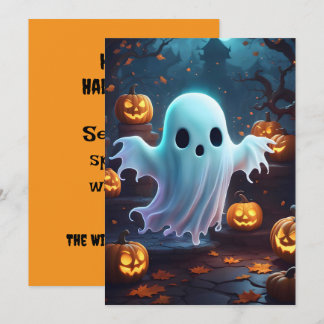 Spooky Cute Little Ghost and Pumpkins Holiday Card