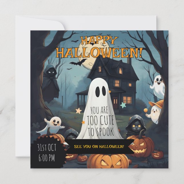 Spooky-Cute October Ghost Pumpkin Party Invitation (Front)