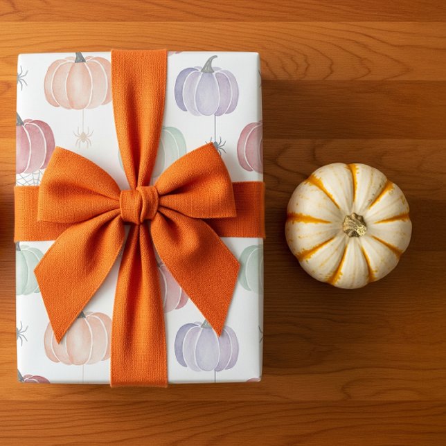 Spooky Cute Pastel Pumpkin and Spider Halloween Wrapping Paper (gift wrapping with an orange bow
)