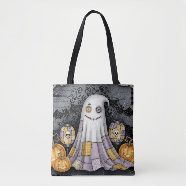 Spooky Cute Patchwork Ghost Halloween Tote Bag (Front)