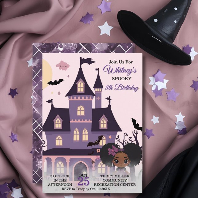Spooky Cute Purple Birthday Gothic Afro Puff Girl  Invitation (Spooky Cute Purple Birthday Gothic Afro Puff Girl Invitation)