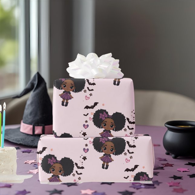 Spooky cute purple  girl afro-puff pattern wrapping paper (Spooky cute purple girl afro-puff pattern wrapping paper)