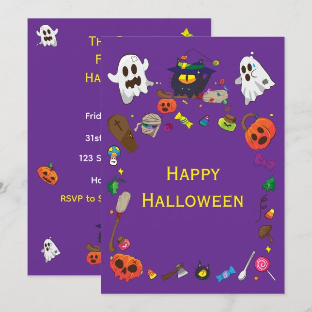 Spooky Cute Purple Pumpkin Frame Invitation (Front/Back)