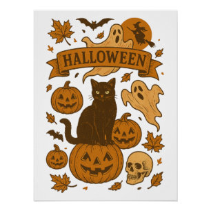 Spooky Cute Retro Halloween Black Cat Pumpkin Poster