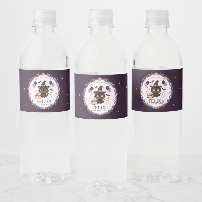 Spooky Cute Witch Black Cat Wizard 1st Birthday Water Bottle Label (Bottles)