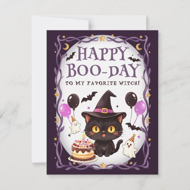 Spooky Cute Witch Black Cat Wizard Happy Birthday Card (Front)