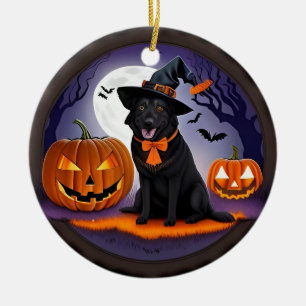 🧙‍♀️🐶 Spooky Cute Witch Dog & Pumpkin Night ✨🎃 Ceramic Tree Decoration