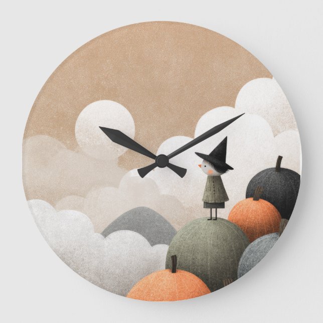 Spooky Cute Witch Illustration Halloween Nursery Large Clock (Front)