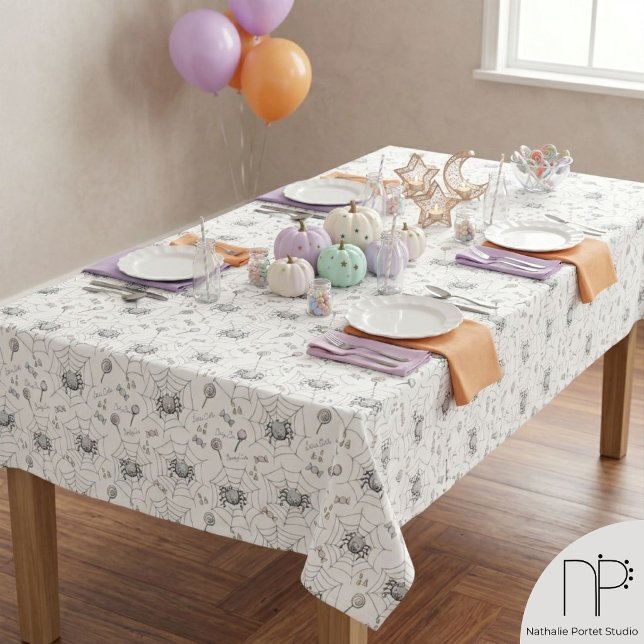Spooky Cuties Baby Spider Halloween Tablecloth (Hand drawn cute spider Halloween tablecloth for baby showers and spooky autumn parties)