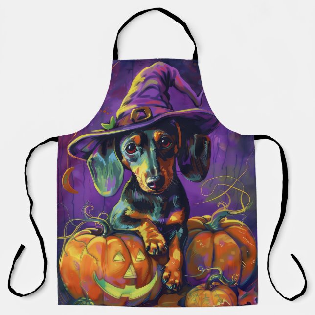 Spooky Dachshund Dog Halloween Witch And Pumpkin  Apron (Front)