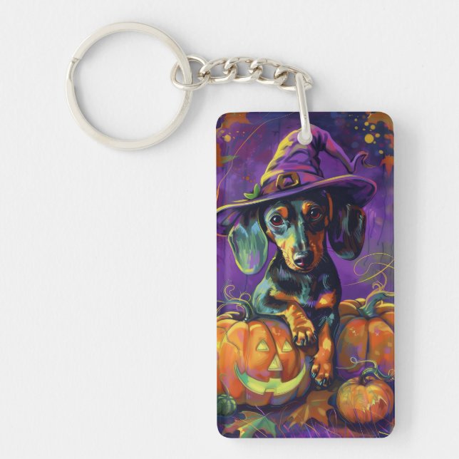 Spooky Dachshund Dog Halloween Witch And Pumpkin  Key Ring (Front)