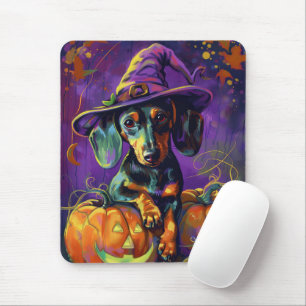 Spooky Dachshund Dog Halloween Witch And Pumpkin Mouse Pad
