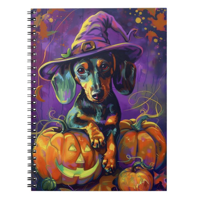 Spooky Dachshund Dog Halloween Witch And Pumpkin  Notebook (Front)