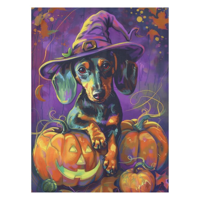 Spooky Dachshund Dog Halloween Witch And Pumpkin  Tablecloth (Front)