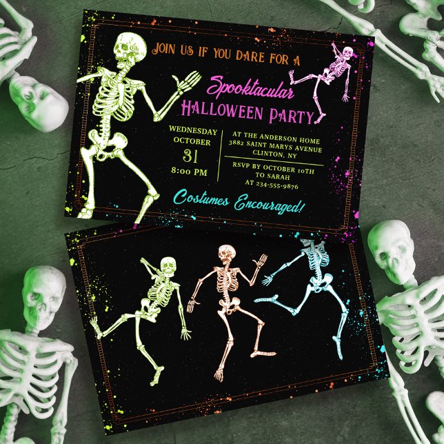 Spooky Dancing Skeleton Black Halloween Party Invitation (Creator Uploaded)