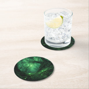 Spooky Dark Green Forest Round Paper Coaster