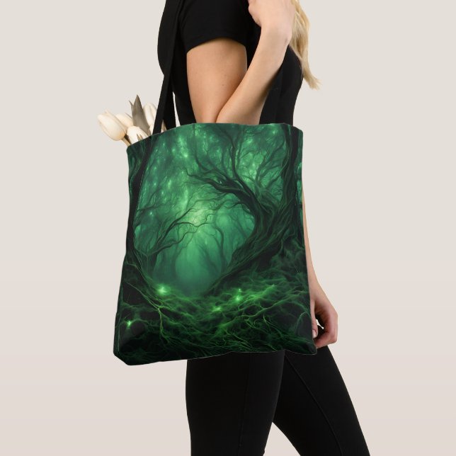 Spooky Dark Green Forest Tote Bag (Close Up)