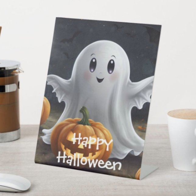 Spooky Delight: Ghostly Halloween Fun Pedestal Sign (D: 8" x 10" display with 3" pedestal base. Available in 4 sizes Made of 1/16" white plastic.
)