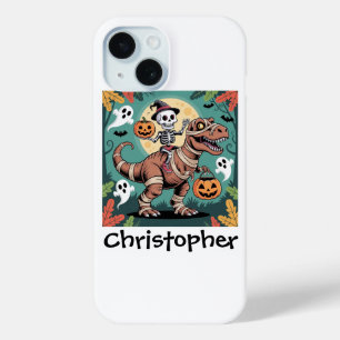 Spooky Dino Rider – Skeleton on Mummy T-Rex  iPhone 15 Case