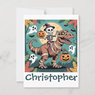 Spooky Dino Rider – Skeleton on Mummy T-Rex Postcard