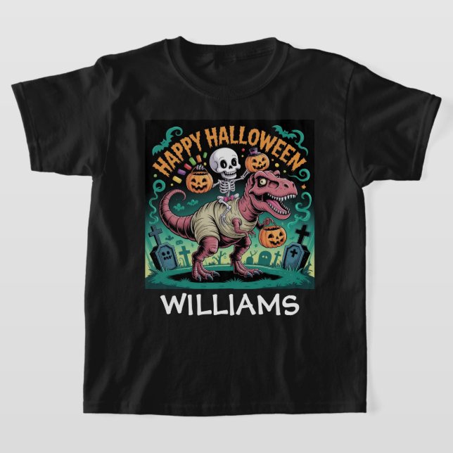 Spooky Dino Rider – Skeleton on Mummy T-Rex  T-Shirt (Laydown)