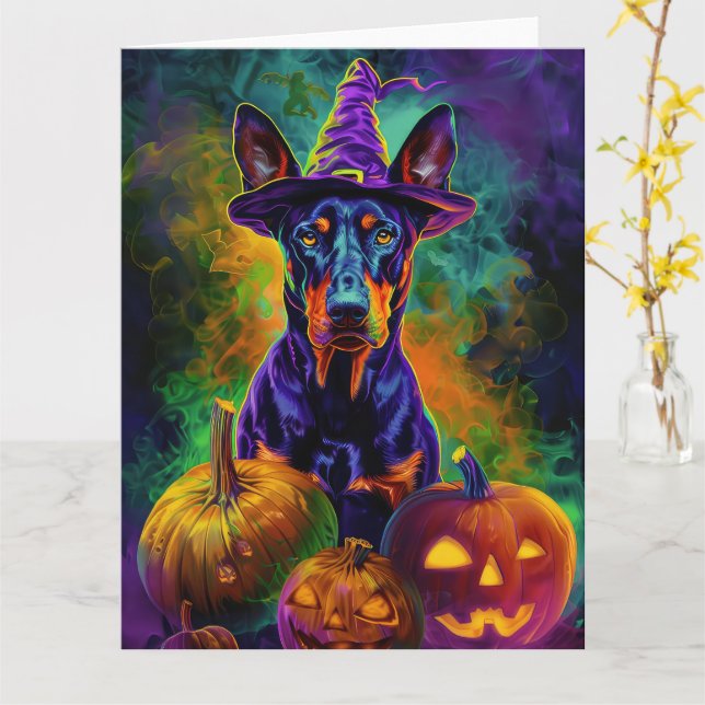 Spooky Doberman Dog Halloween Witch And Pumpkin  Card (Yellow Flower)