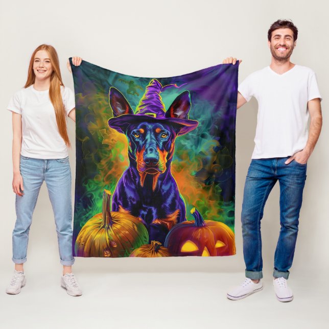 Spooky Doberman Dog Halloween Witch And Pumpkin  Fleece Blanket (In Situ)