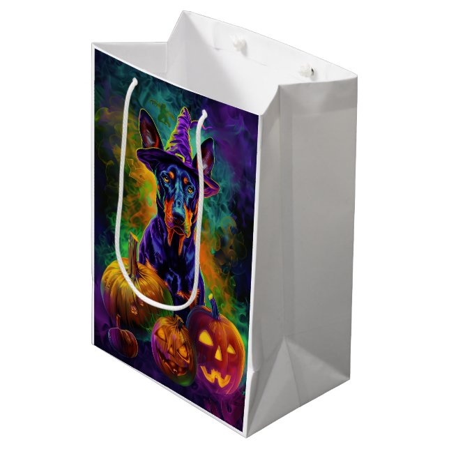 Spooky Doberman Dog Halloween Witch And Pumpkin  Medium Gift Bag (Front Angled)